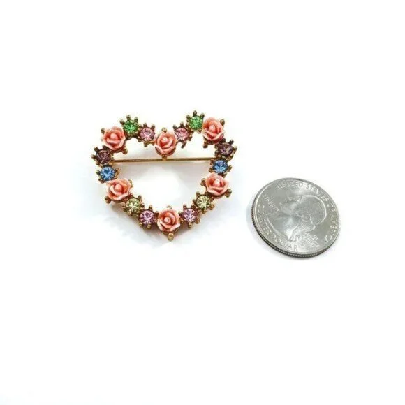 Vintage Avon 2002 Roses Heart Pastel Rhinestone Brooch Pin - Picture 3 of 5
